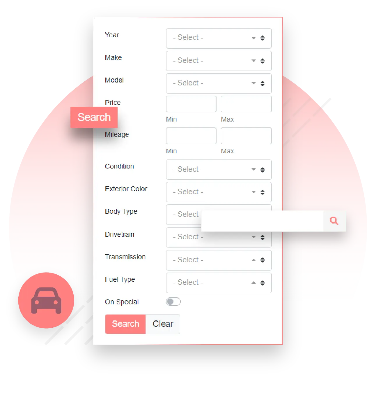 Business website vehicles filter menu